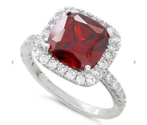 925 Sterling Silver Cushion Cut Garnet CZ Ring