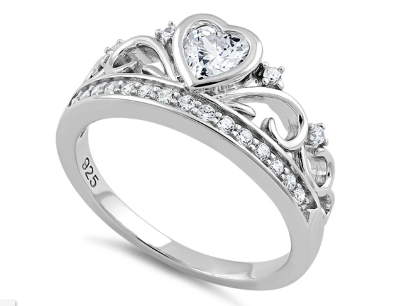 925 Sterling Silver Heart Crown Clear CZ Ring