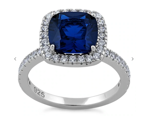 925 Sterling Silver Cushion Cut Blue Spinel CZ Ring