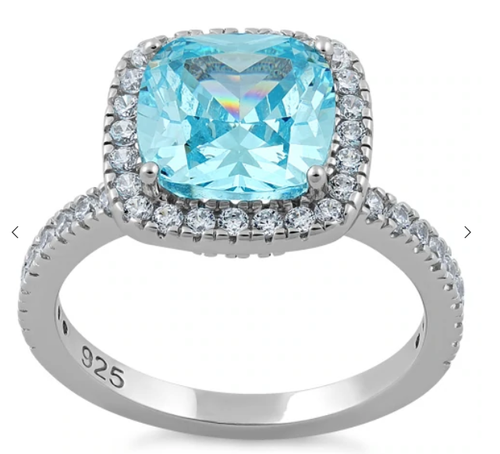 925 Sterling Silver Cushion Cut Aqua Blue CZ Ring