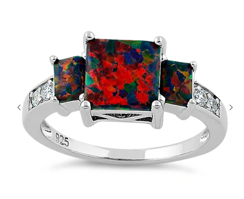 925 Sterling Silver Square Black Lab Opal CZ Ring