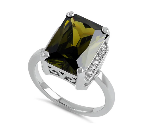 925 Sterling Silver Big Peridot Rectangle CZ Ring