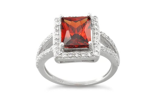 925 Sterling Silver Garnet Rectangular Halo CZ Ring