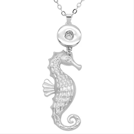 18 or 20 MM Antique Silver Sea Horse Snap Necklace (24 Inch Chain)