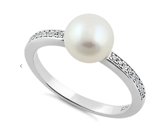 Sterling Silver Classic Synthetic Pearl Round Clear CZ Ring