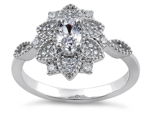 Sterling Silver Ornate Flower Oval & Round CZ Ring