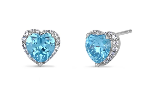 925 Sterling Silver Heart Shape Blue Topaz CZ Earrings