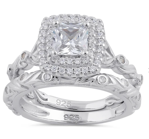 Sterling Silver Clear CZ Vintage Engagement Ring Set
