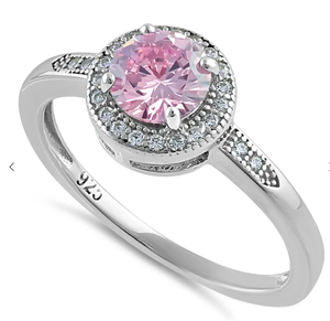 Sterling Silver Elegant Round Halo Pink CZ Ring