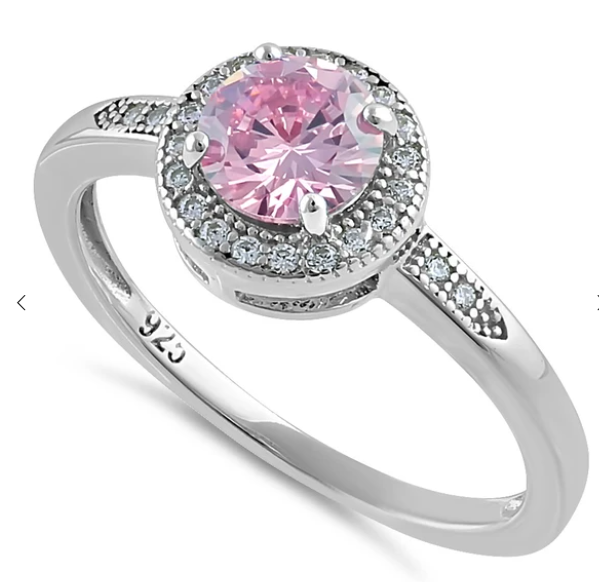 Sterling Silver Elegant Round Halo Pink CZ Ring