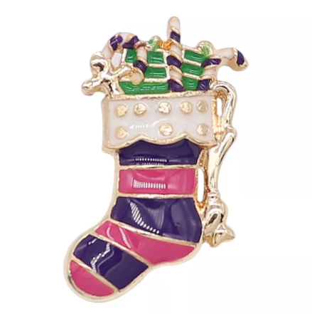 20 MM Gold Plated Christmas Stocking Purple/Pink/Green Enamel