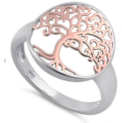 925 Sterling Silver Two Tone Rose Gold Plated Tree of Life Ring