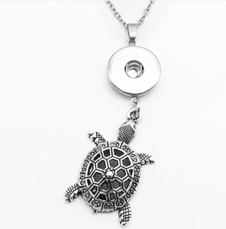 18 or 20 MM Antique Silver Turtle Snap Necklace (24 Inch Chain)